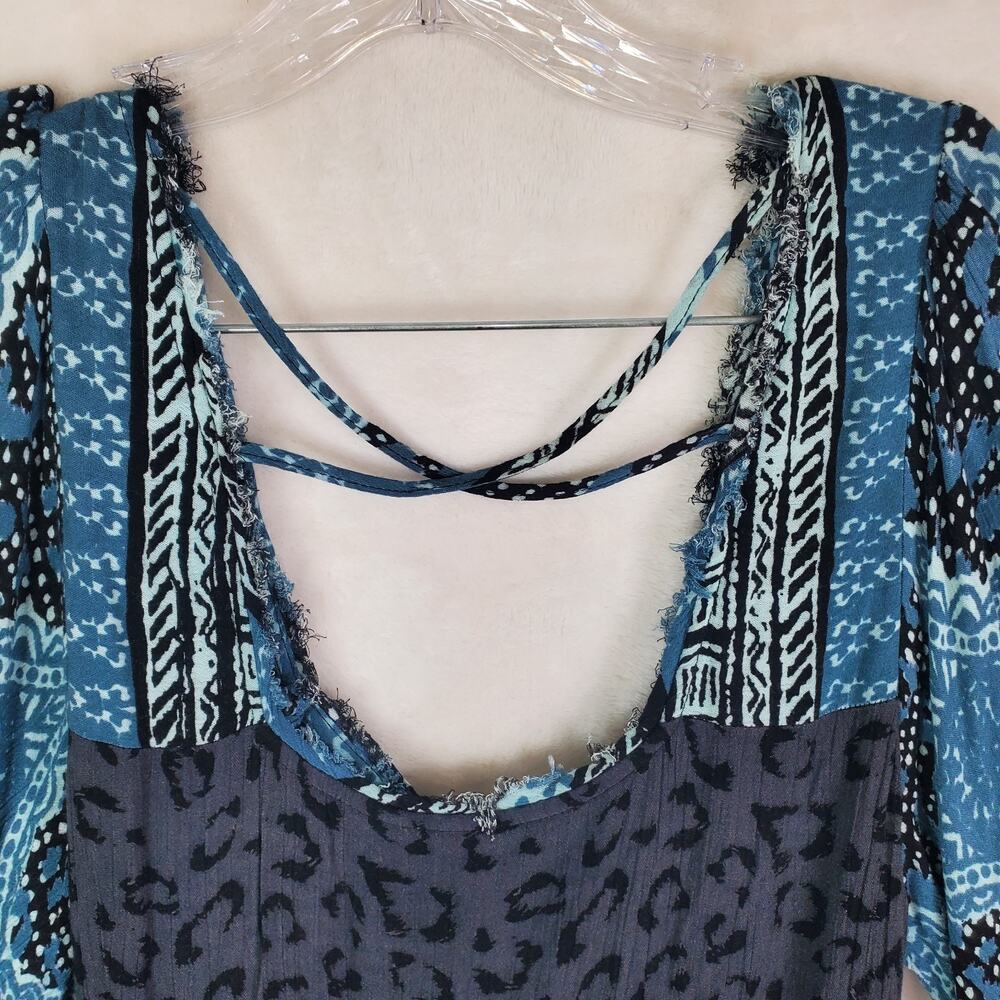 Free People Heart of Gold Mini Dress Blue Charcoal Sz Small Bell Sleeve Lined - Picture 9 of 10
